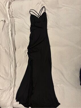 Black Strappy V-Neck Maxi Dress High Slit and Slight Train